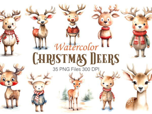 Watercolor christmas deer. clipart bundle. t shirt design for sale Watercolor christmas deer. clipart bundle. t shirt design for sale