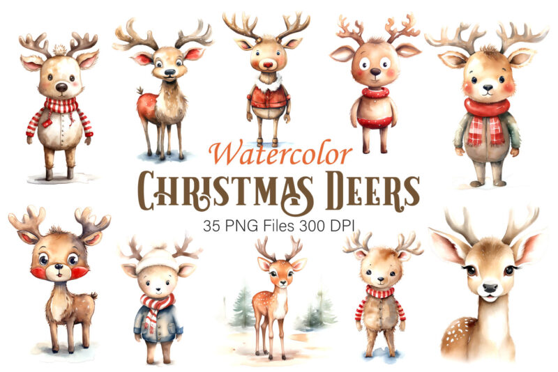 Watercolor Christmas Deer. Clipart Bundle.