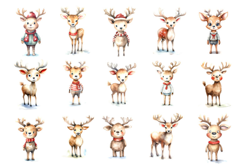 Watercolor Christmas Deer. Clipart Bundle.