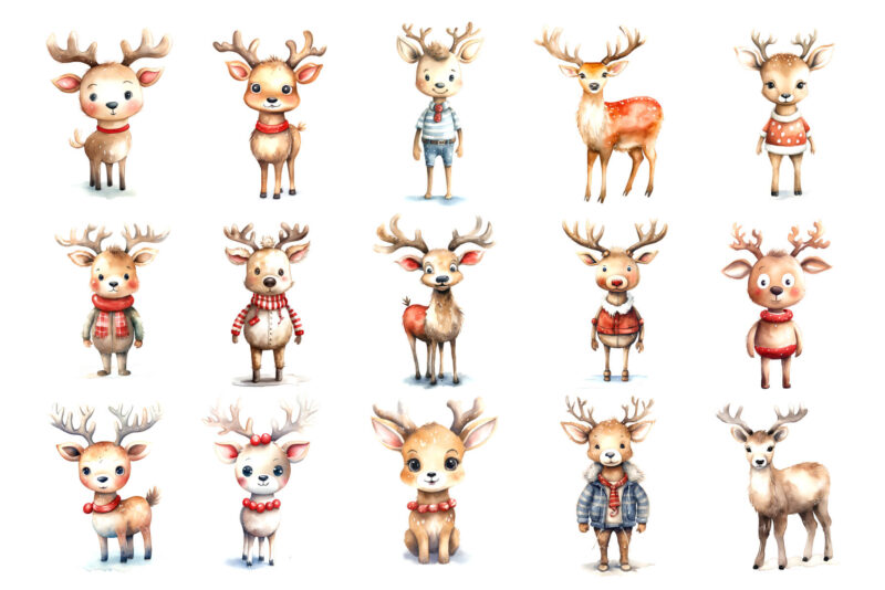 Watercolor Christmas Deer. Clipart Bundle.