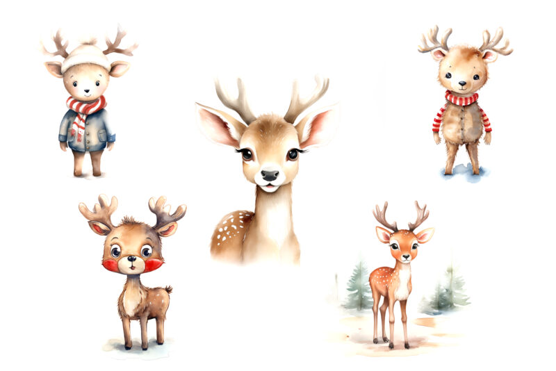 Watercolor Christmas Deer. Clipart Bundle.