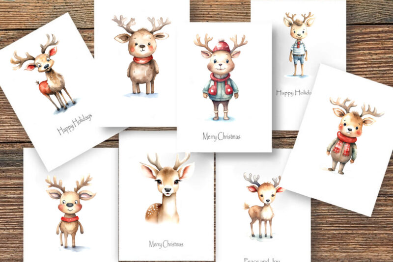 Watercolor Christmas Deer. Clipart Bundle.