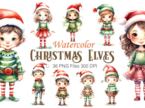 Watercolor christmas elves. clipart bundle. t shirt design for sale