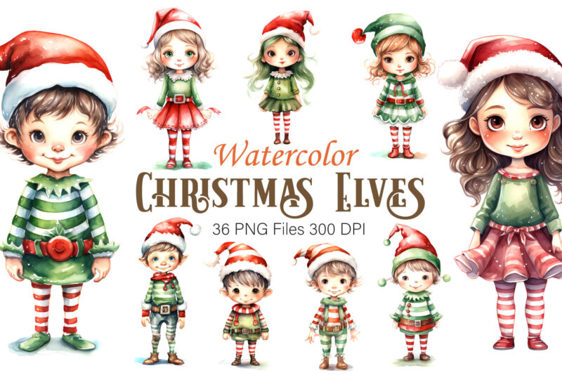 Watercolor Christmas Elves. Clipart Bundle.