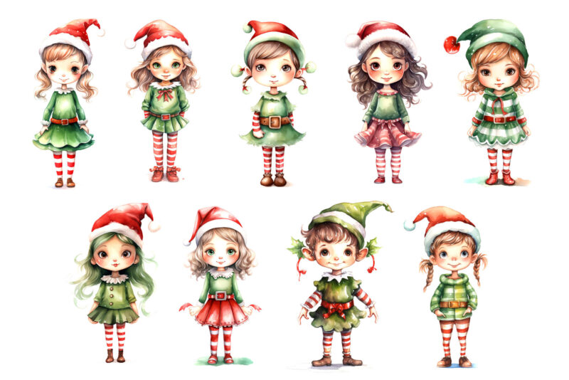 Watercolor Christmas Elves. Clipart Bundle.