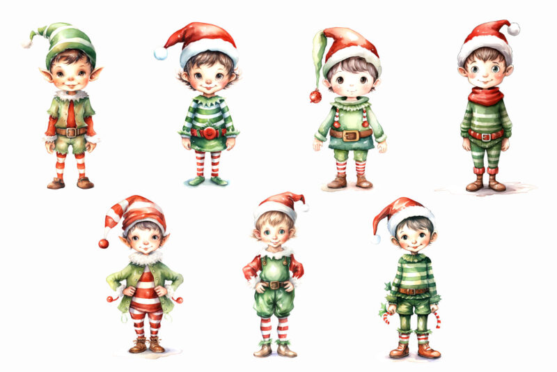 Watercolor Christmas Elves. Clipart Bundle.