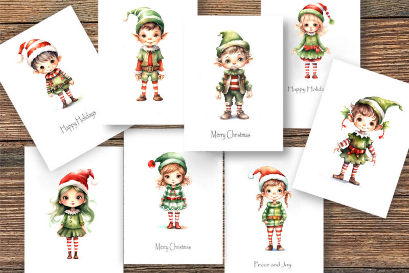 Watercolor Christmas Elves. Clipart Bundle.