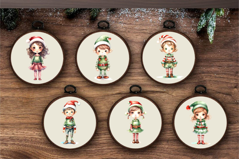 Watercolor Christmas Elves. Clipart Bundle.