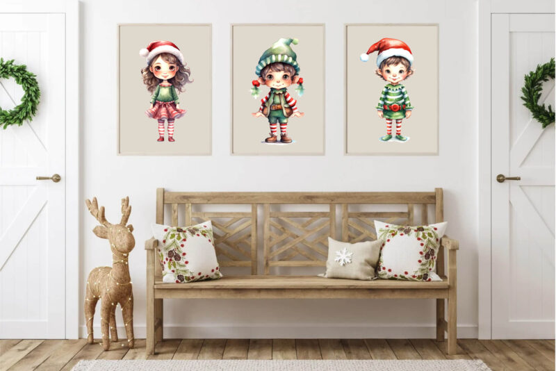 Watercolor Christmas Elves. Clipart Bundle.