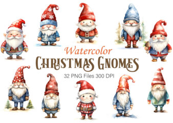 Watercolor Christmas Gnomes. Clipart Bundle.
