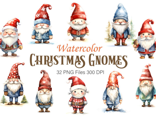 Watercolor christmas gnomes. clipart bundle. t shirt design for sale