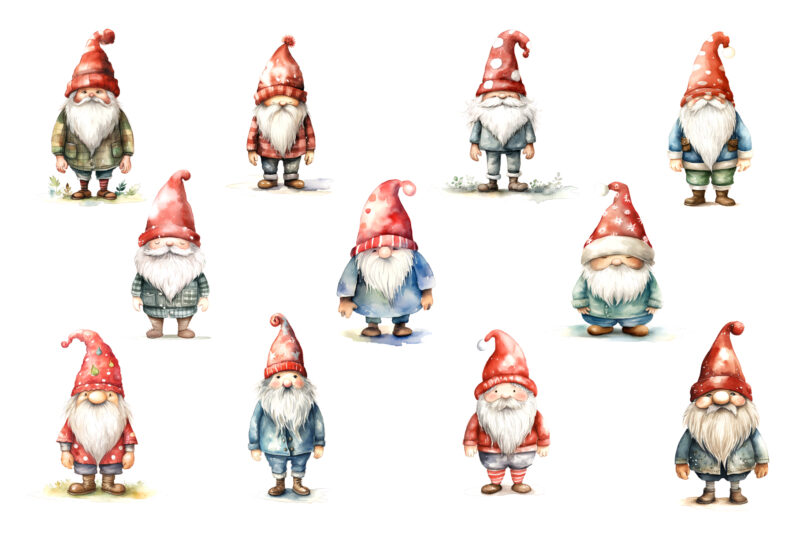 Watercolor Christmas Gnomes. Clipart Bundle.