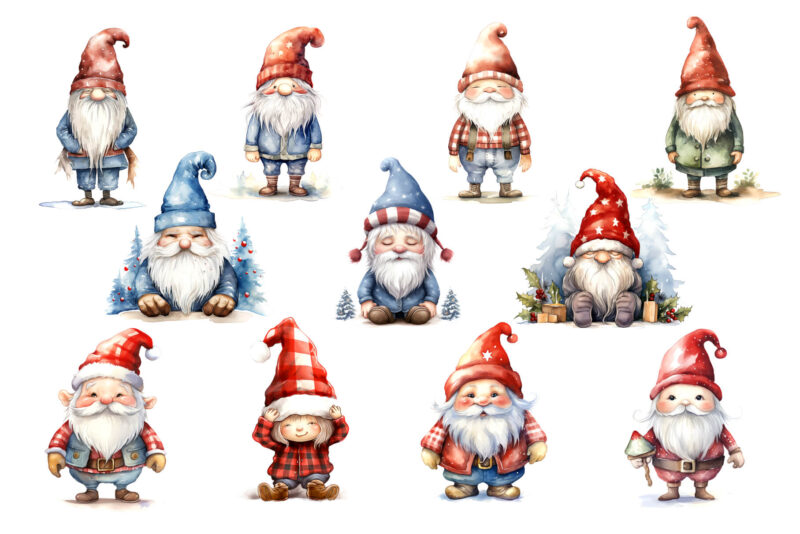 Watercolor Christmas Gnomes. Clipart Bundle.