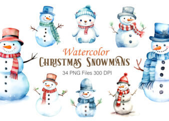 Watercolor Christmas Snowmans. PNG Bundle.