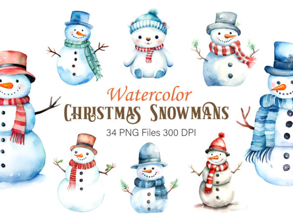 Watercolor christmas snowmans. png bundle. t shirt design for sale