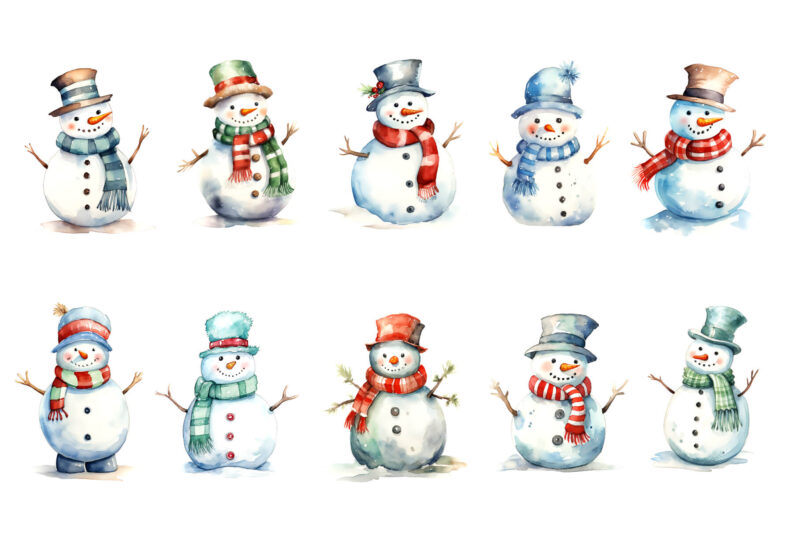 Watercolor Christmas Snowmans. PNG Bundle.