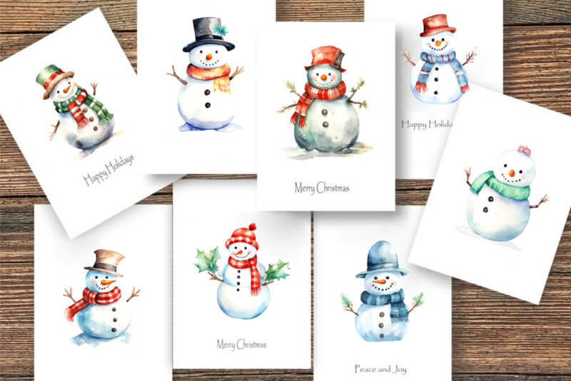 Watercolor Christmas Snowmans. PNG Bundle.