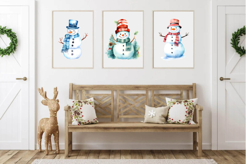 Watercolor Christmas Snowmans. PNG Bundle.