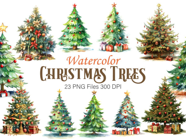 Watercolor christmas trees. clipart bundle. t shirt design for sale