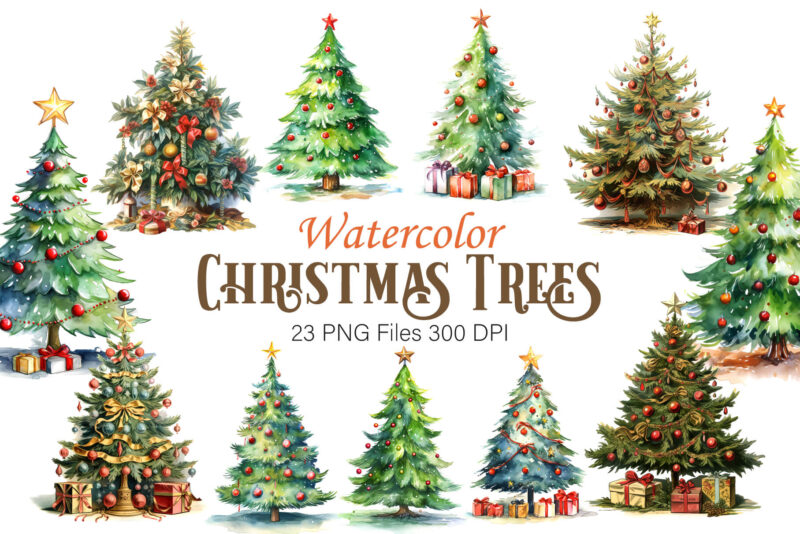 Watercolor Christmas Trees. Clipart Bundle.