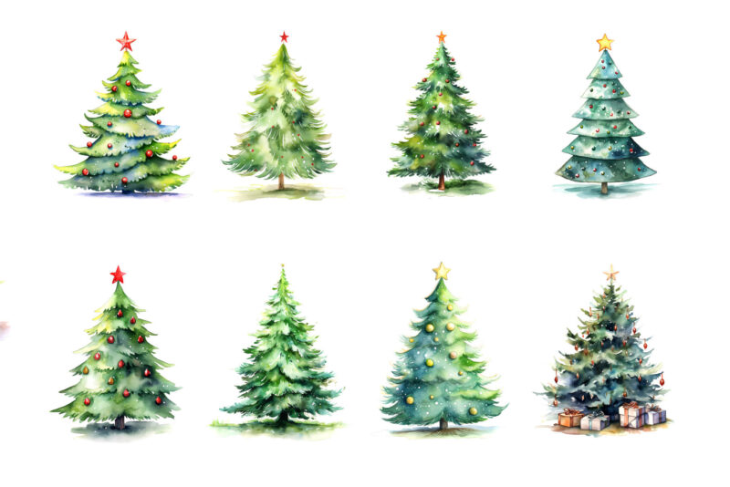 Watercolor Christmas Trees. Clipart Bundle.