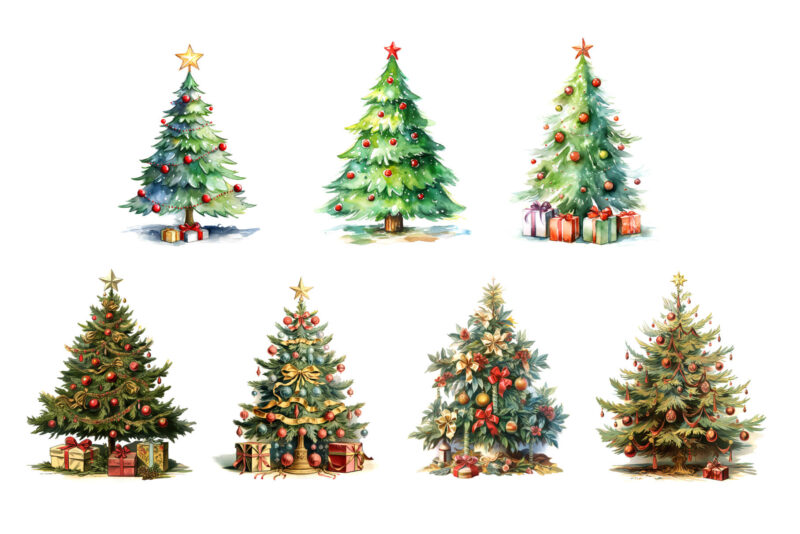 Watercolor Christmas Trees. Clipart Bundle.