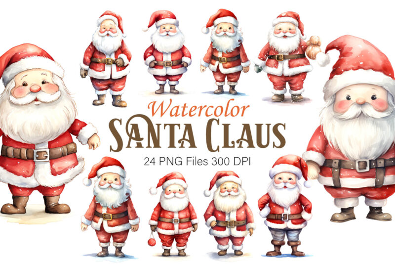 Watercolor Santa Claus. PNG Bundle.