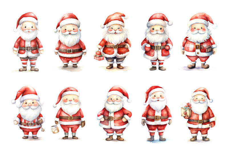 Watercolor Santa Claus. PNG Bundle.