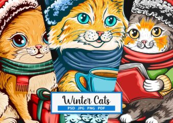 Winter cat cartoon t shirt designs vector bundle