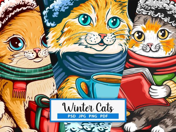 Winter cat cartoon t shirt designs vector bundle