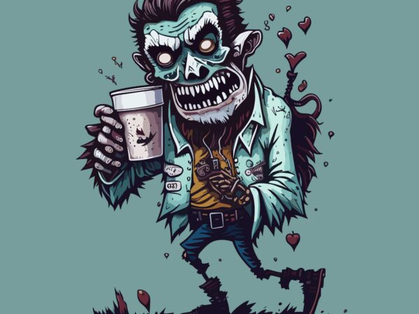 Funny zombie with coffe cup t shirt graphic design