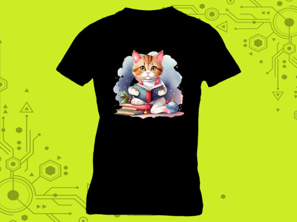 T-shirt design featuring a cat absorbed in reading with book lover vibes meticulously crafted for print on demand websites