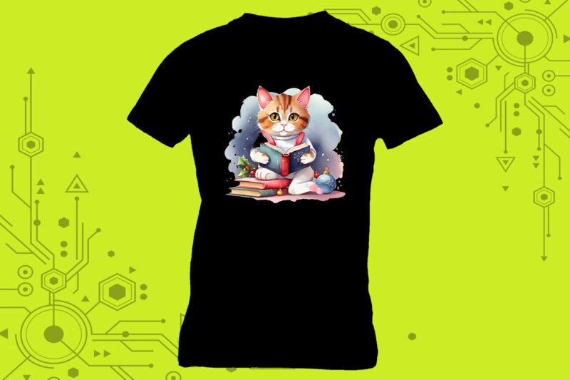 T-shirt design featuring a cat absorbed in reading with book lover vibes meticulously crafted for Print on Demand websites
