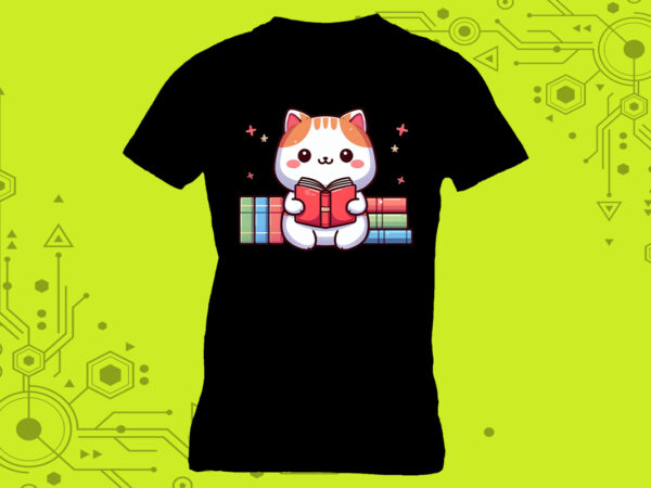 A cat immersed in a book with a charming illustration tailor-made for print on demand platforms t shirt vector
