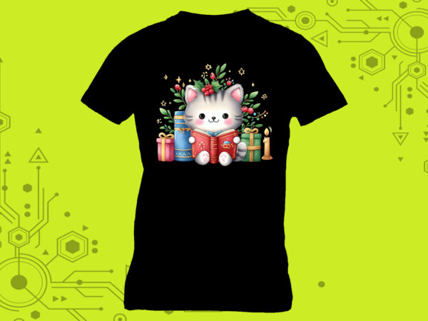 Book-loving cat illustration clipart designed for a stylish tshirt meticulously crafted for print on demand websites