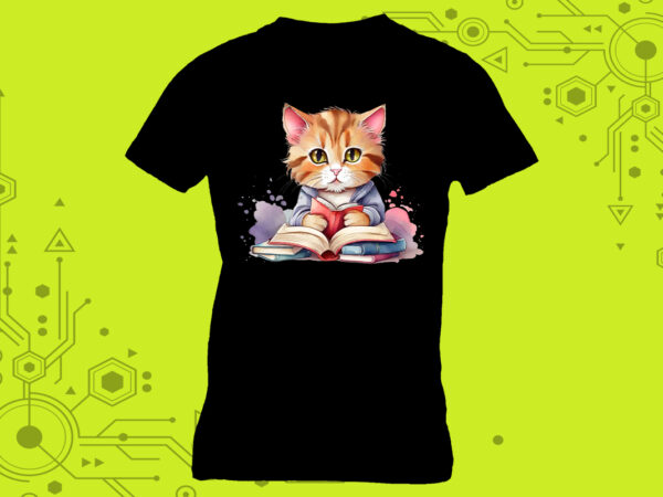 T-shirt design featuring a cat absorbed in reading with book lover vibes meticulously crafted for print on demand websites