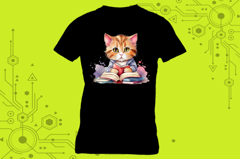 T-shirt design featuring a cat absorbed in reading with book lover vibes meticulously crafted for Print on Demand websites