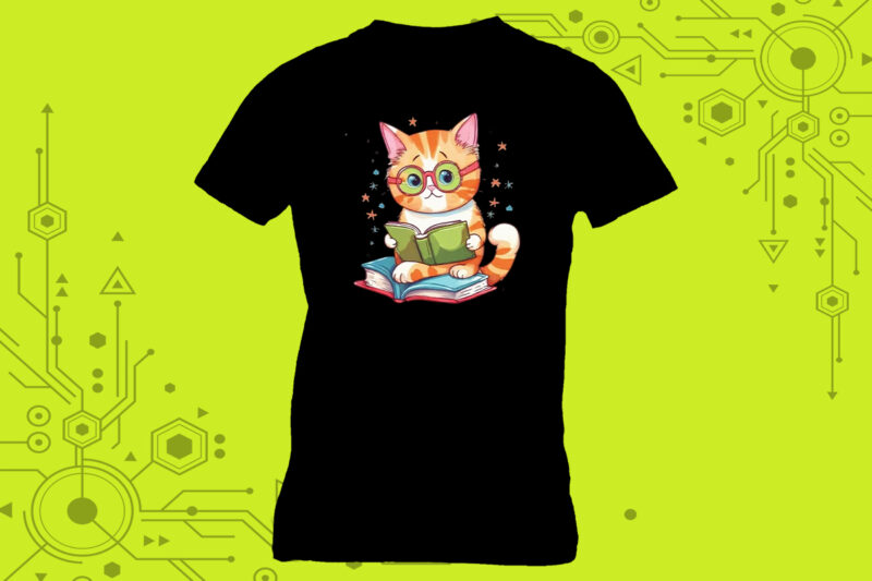 Charming Irresistible A cat engrossed in a book perfect for a tshirt design illustration tailor-made for Print on Demand websites