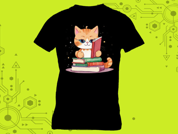 Whiskered reader cat in an illustration clipart for a book-themed tshirt meticulously crafted for print on demand websites.