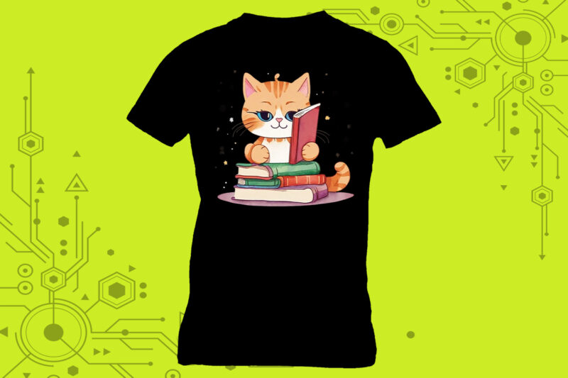 Whiskered reader cat in an illustration clipart for a book-themed tshirt meticulously crafted for Print on Demand websites.