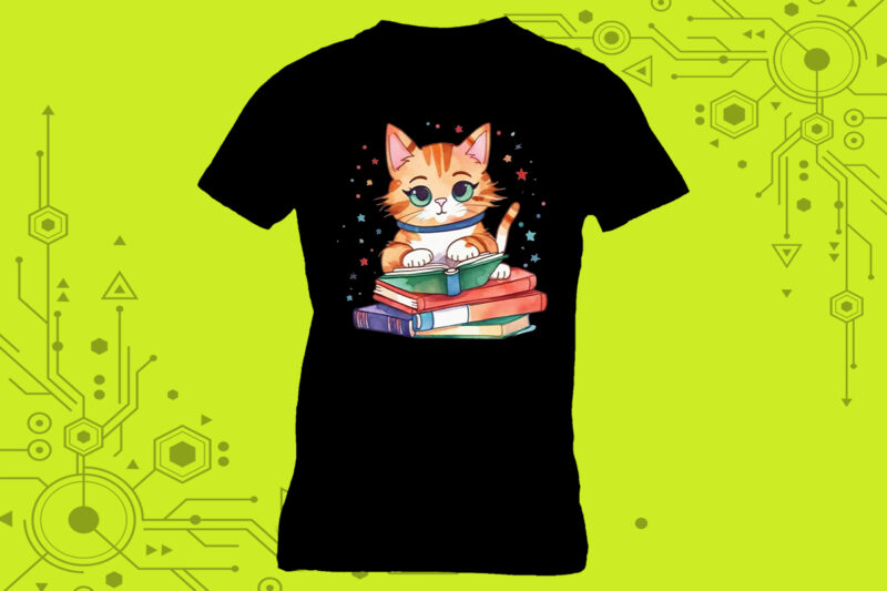 Sweet Bookworm cat illustration clipart ideal for your t-shirt design meticulously crafted for Print on Demand websites