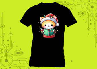 Tshirt design idea A cat immersed in a book with a charming illustration tailor-made for Print on Demand platforms