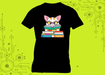Cartoon character cat immersed in a book with a charming illustration curated specifically for Print on Demand websites