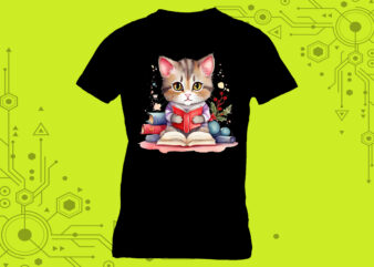 Cat Reading book illustration graphics for t-shirt design expertly crafted for Print on Demand websites