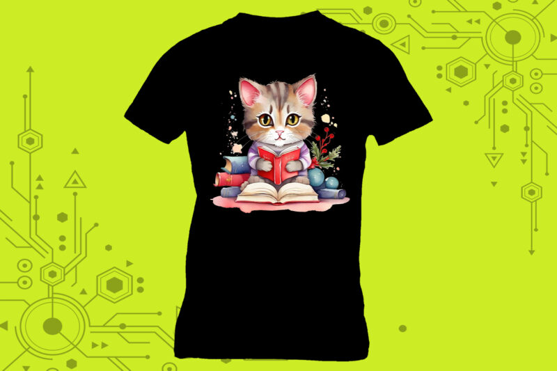 Cat Reading book illustration graphics for t-shirt design expertly crafted for Print on Demand websites