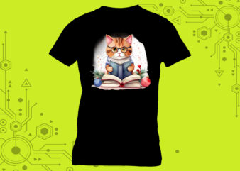 T-shirt design featuring a cat absorbed in reading with book lover vibes meticulously crafted for Print on Demand websites