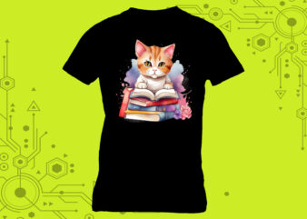 Whiskered reader cat in an illustration clipart for a book-themed tshirt meticulously crafted for Print on Demand websites
