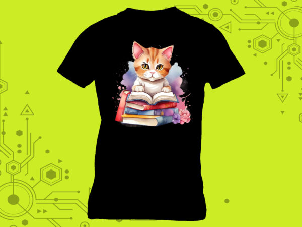 Whiskered reader cat in an illustration clipart for a book-themed tshirt meticulously crafted for print on demand websites