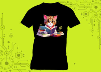 cat immersed in a book with a charming illustration tailor-made for Print on Demand platforms t shirt vector file
