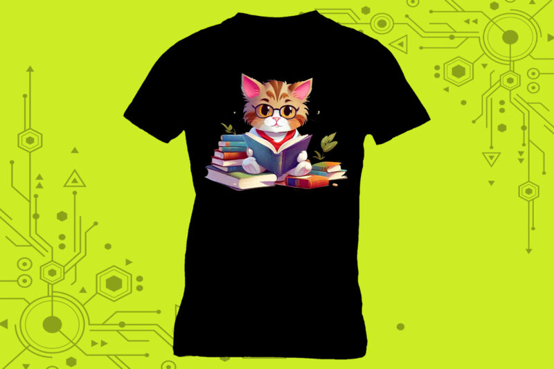 cat immersed in a book with a charming illustration tailor-made for Print on Demand platforms